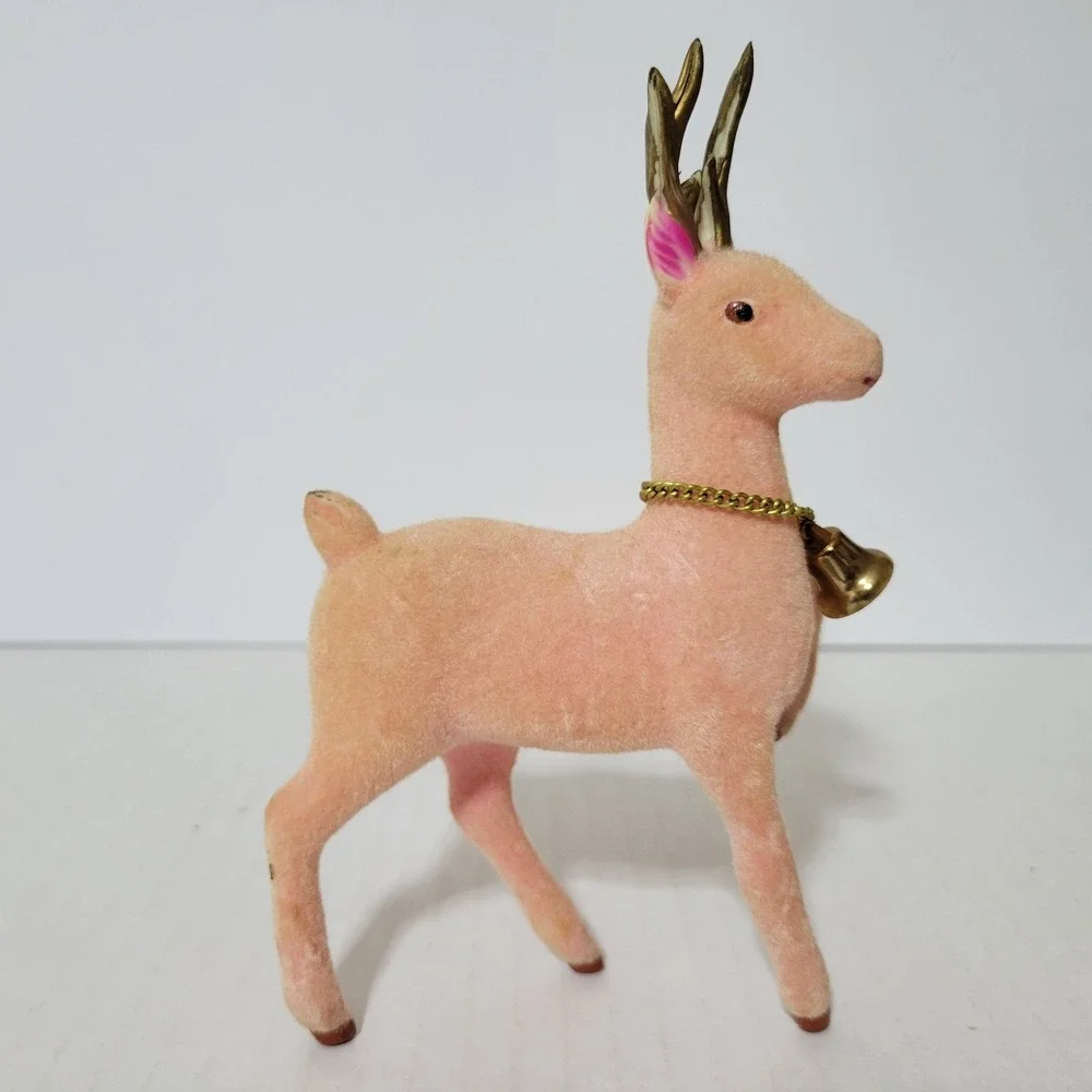 Vtg‎ Flocked Pink Reindeer Deer Lot of 2 Christmas MCM Fuzzy Kitschy 6.5